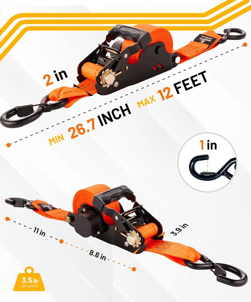 Strapinno 2PCs Retractable Ratchet Tie-Down Straps,5,000 lbs Break Strength- 2 in x 12 ft Heavy Duty Ratchet Strap with Safety Lock S Hooks for Motorcycles, ATVs, UTVs, Lawn Equipment & Cargo-Orange - Image 3